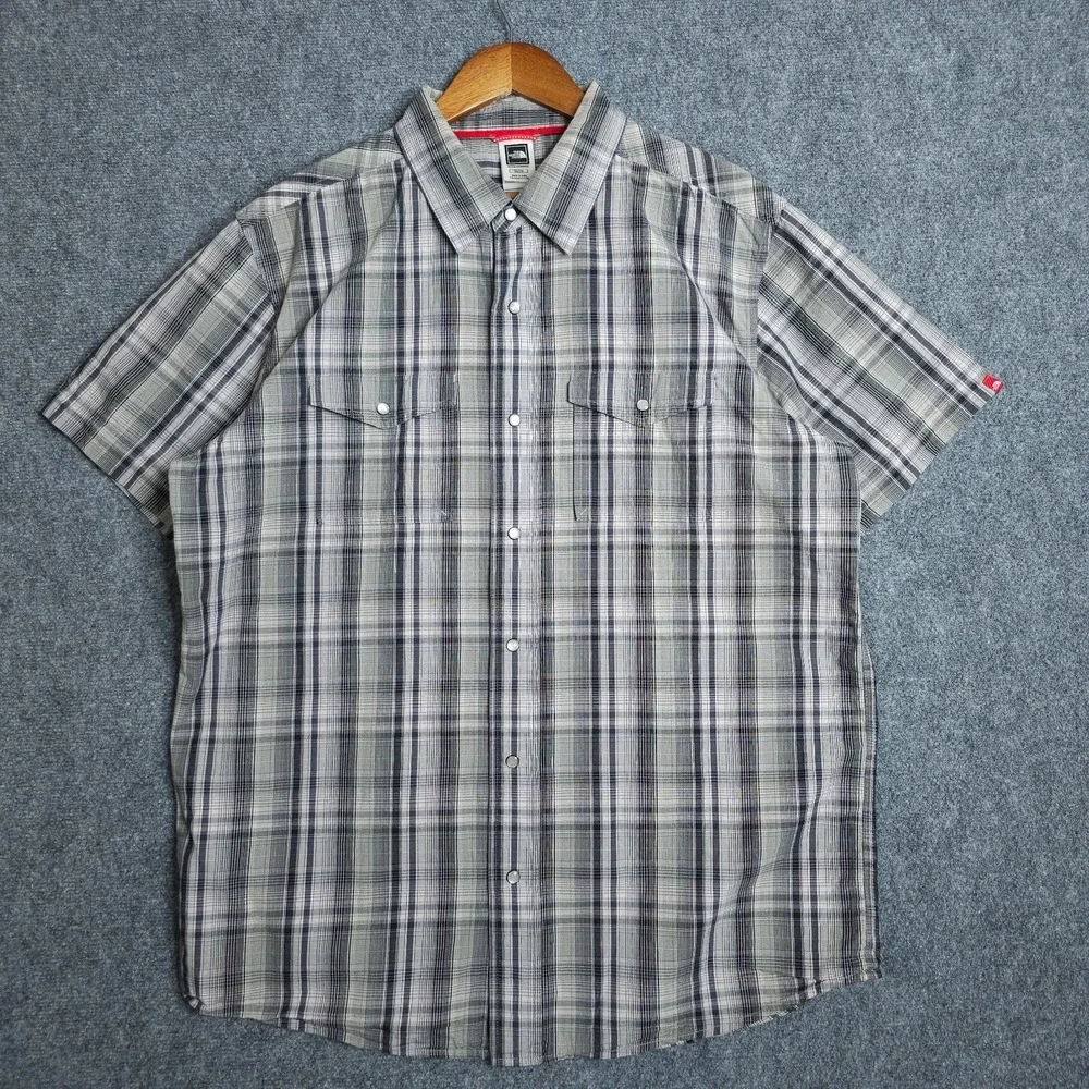 The North Face Shirt Mens XXL Grey Plaid Short Sleeve Pearl Snap Button Hiking